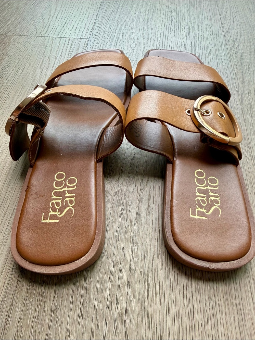 Franco Sarto Cognac Leather Slide Sandals with Gold Buckle - Picture 3 of 7